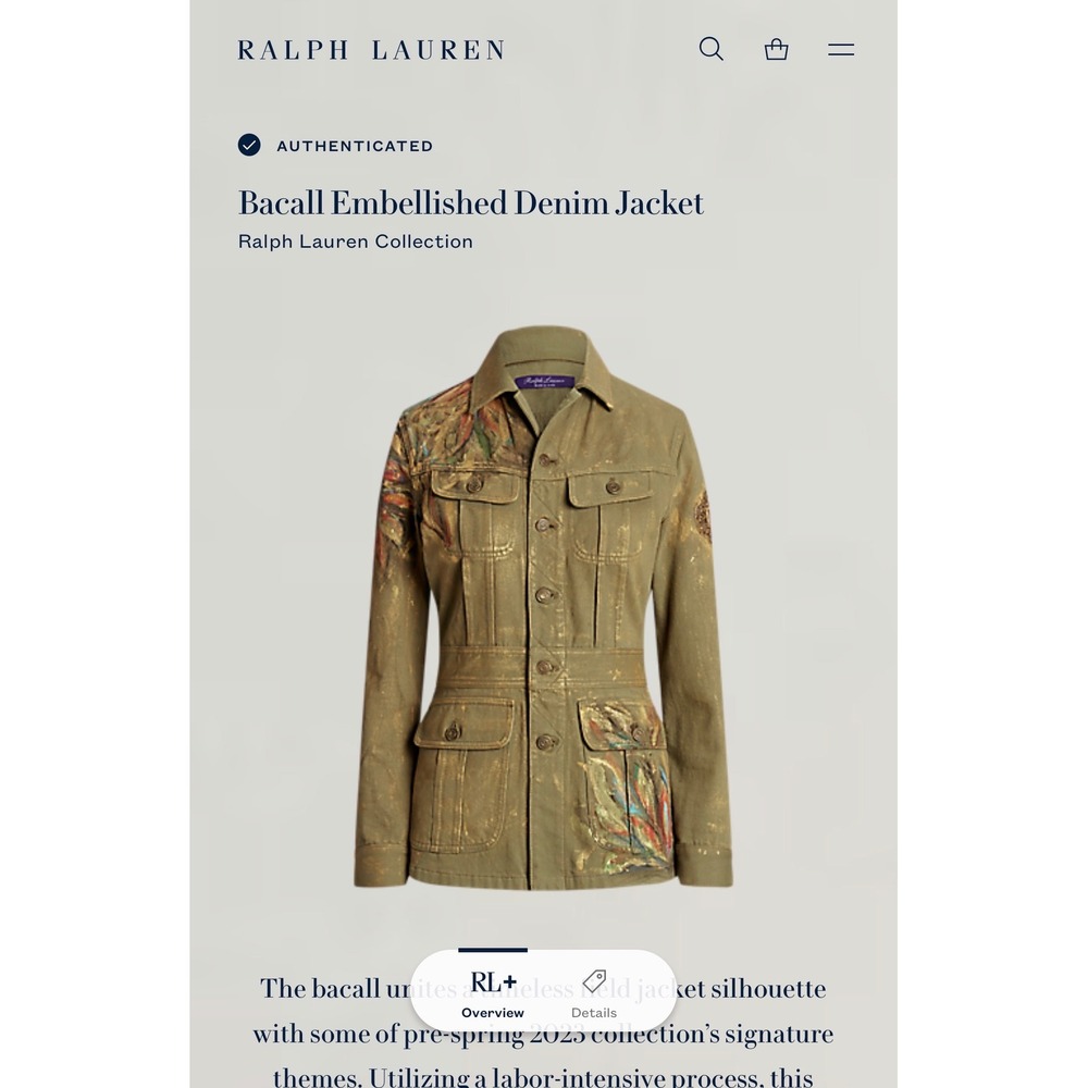 Ralph Lauren Purple Label Bacall Embellished Denim Field Jacket Olive Gold 0